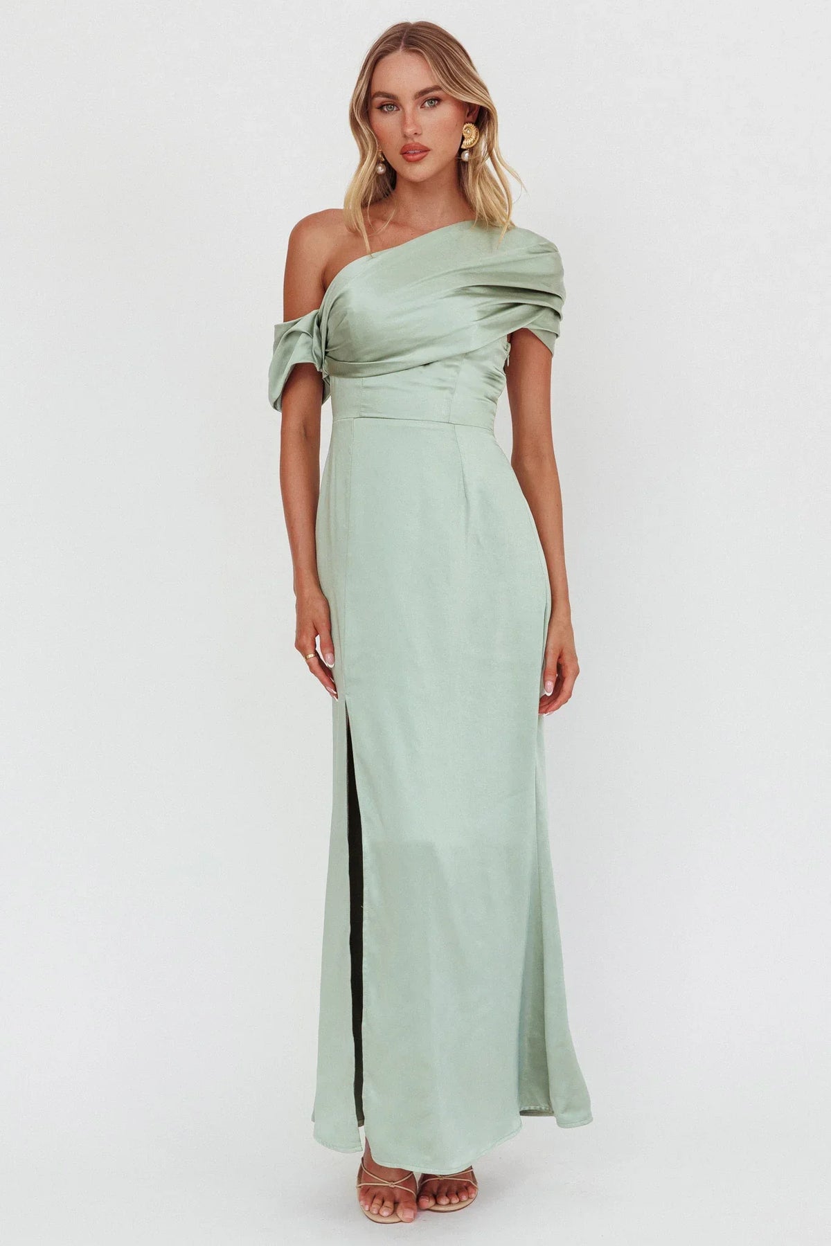 Bellissima Asymmetric Shoulder Maxi Dress Sage
