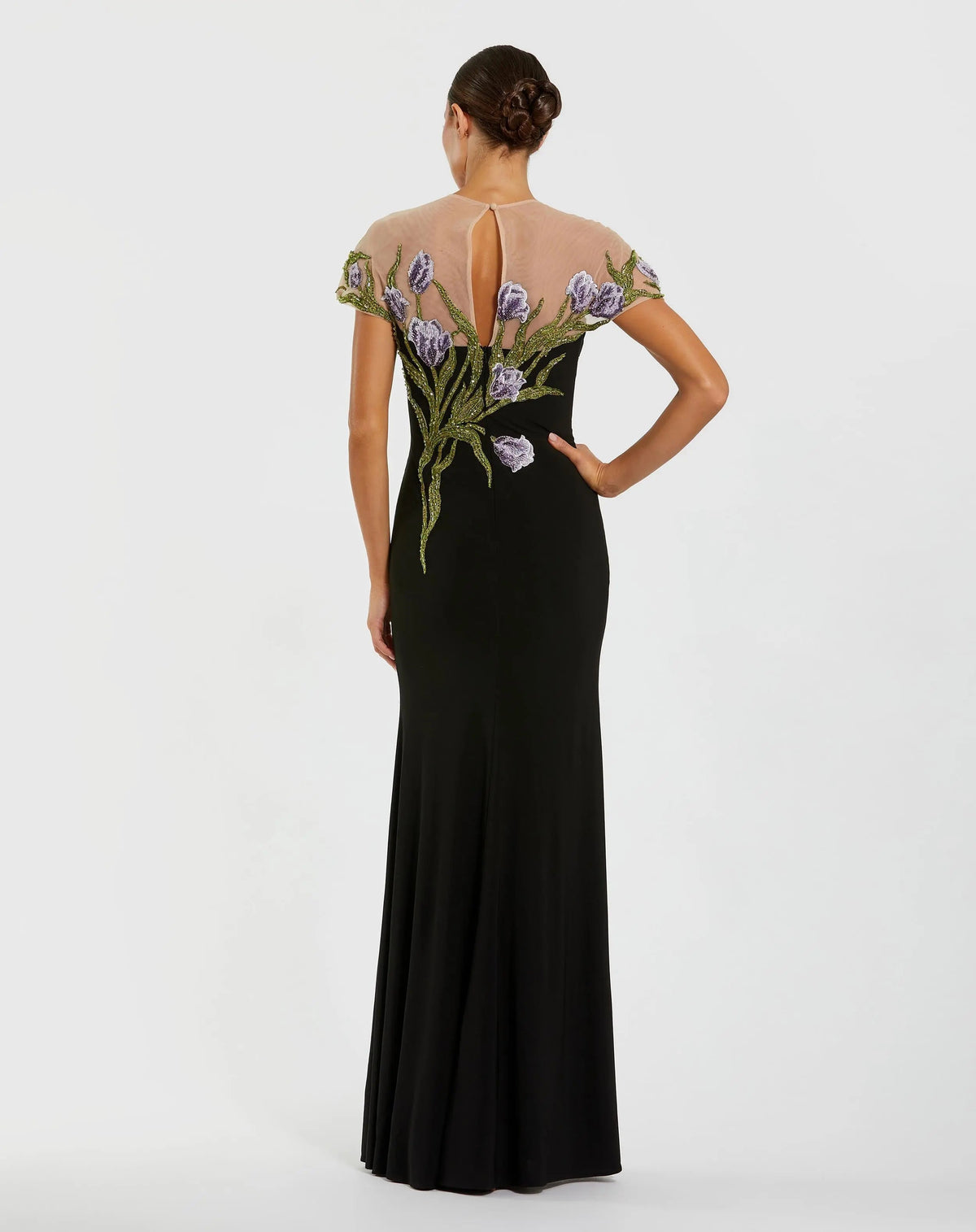 High Neck Floral Embroidered Jersey Gown