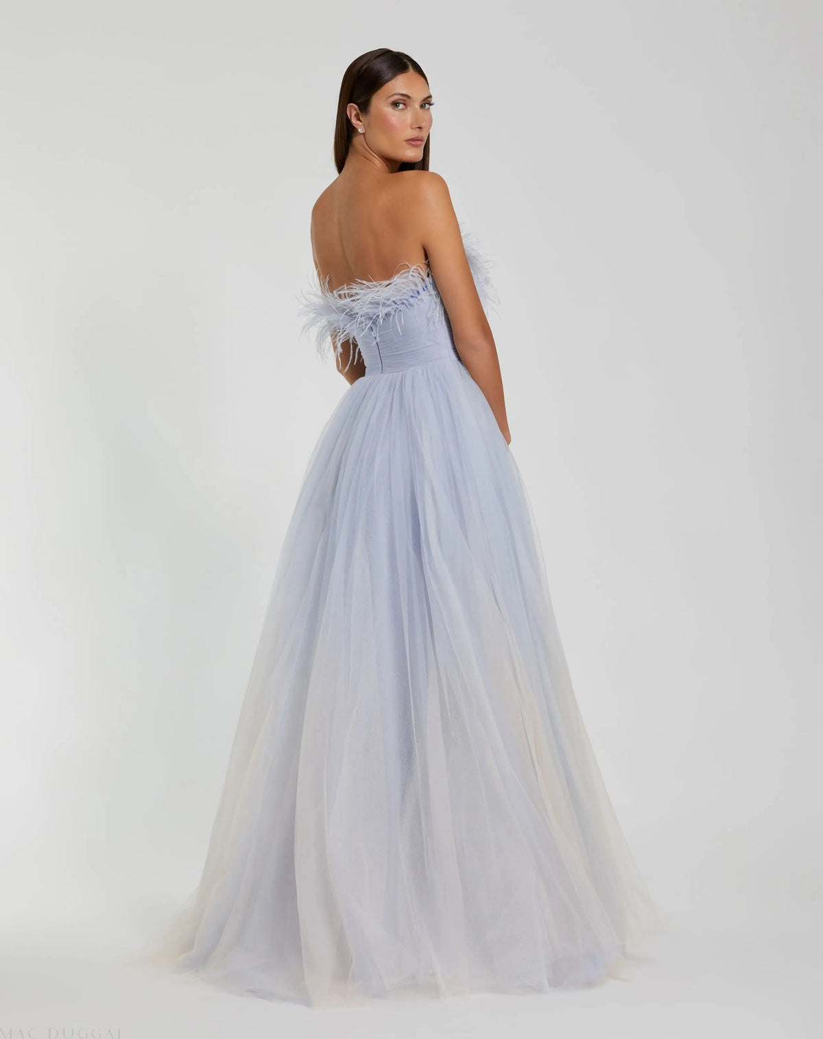 Blue Ombre Strapless Feather Bodice Tulle Gown - FINAL SALE