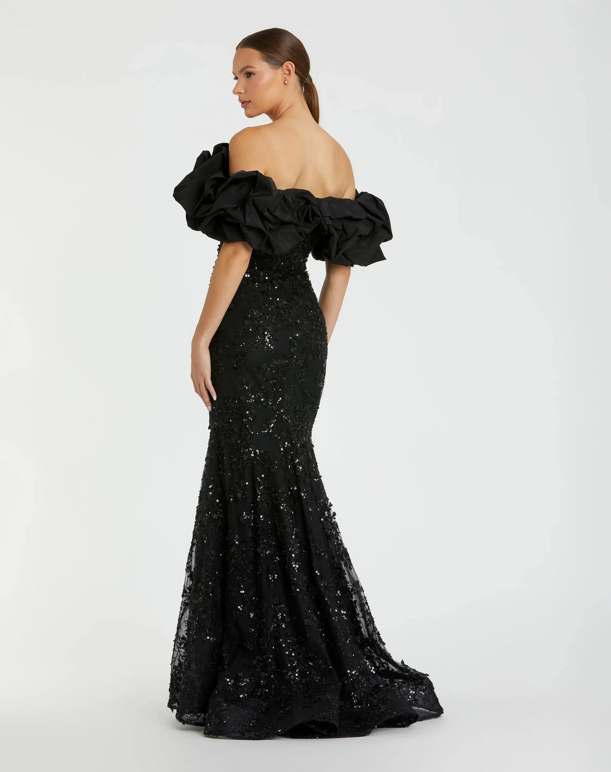 Black Embellished Mermaid Gown With Off The Shoulder Ruffle
