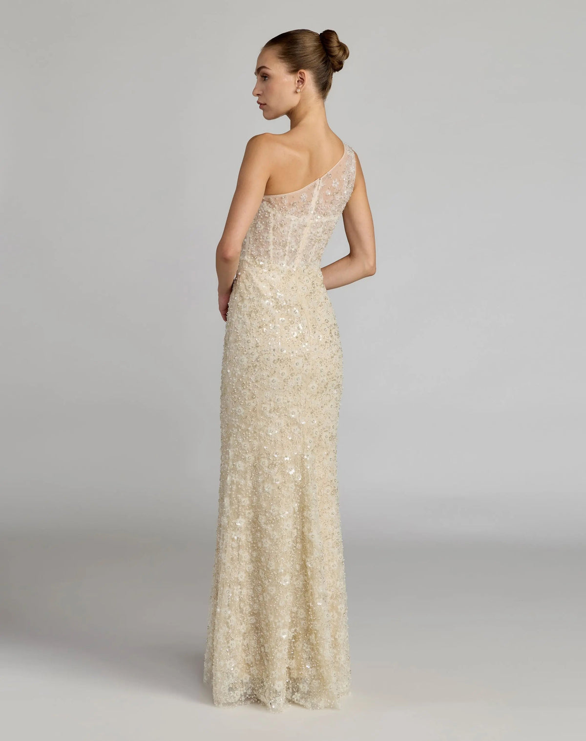 Beige Embellished One Shoulder Column Gown