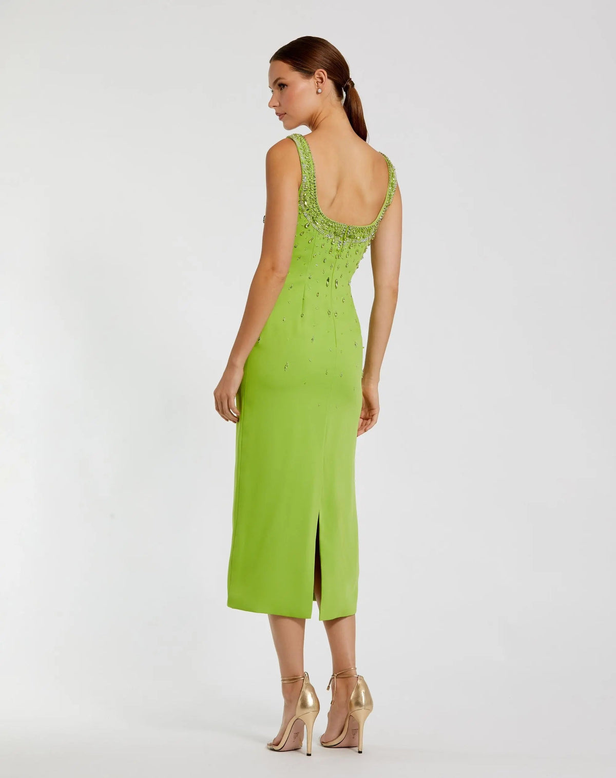 Green Beaded Crepe Scoop Neck Sleeveless Midi Dress