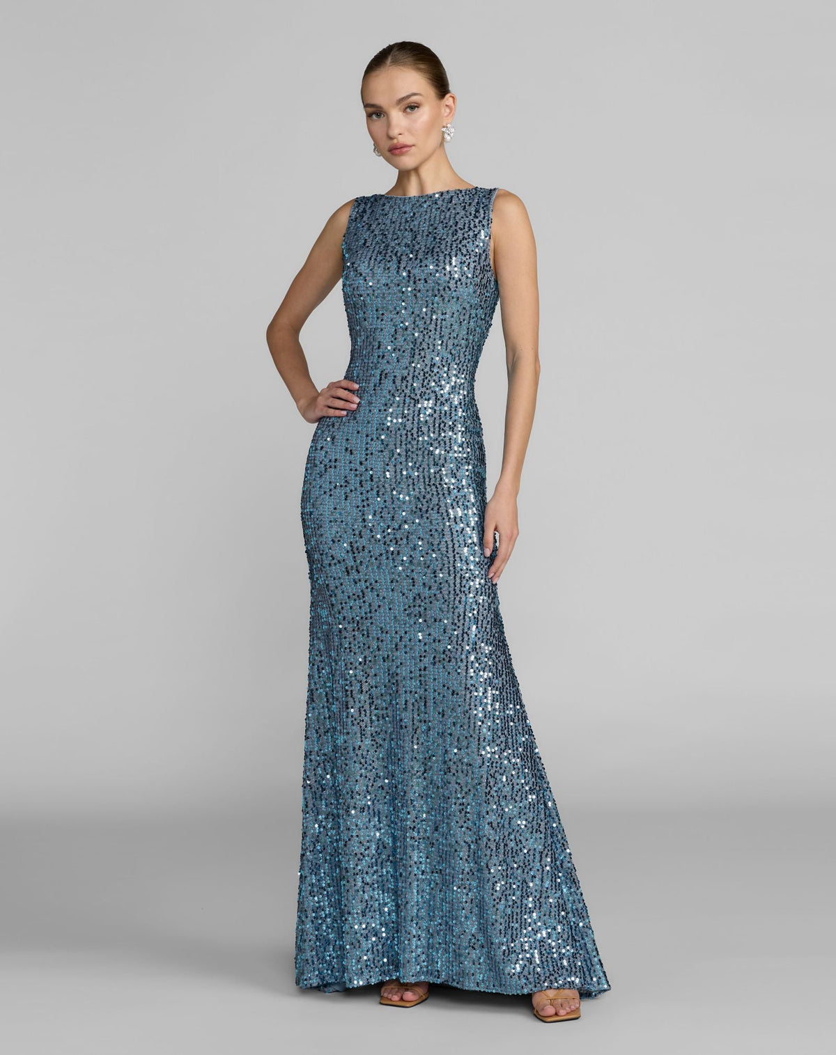 Cowl Back Boat Neck Sequined Evening Gown