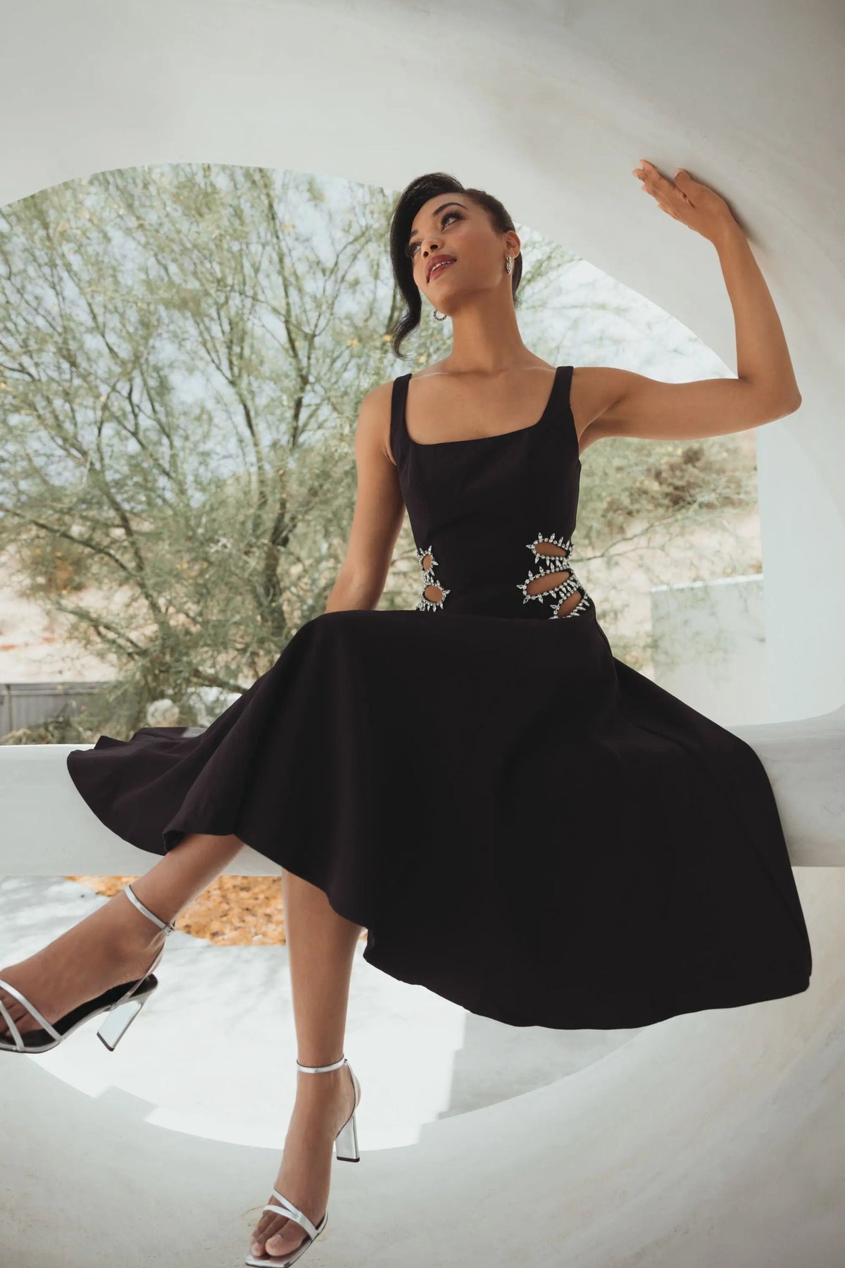 Black Sleeveless Crepe Rhinestone Cutout Midi Dress