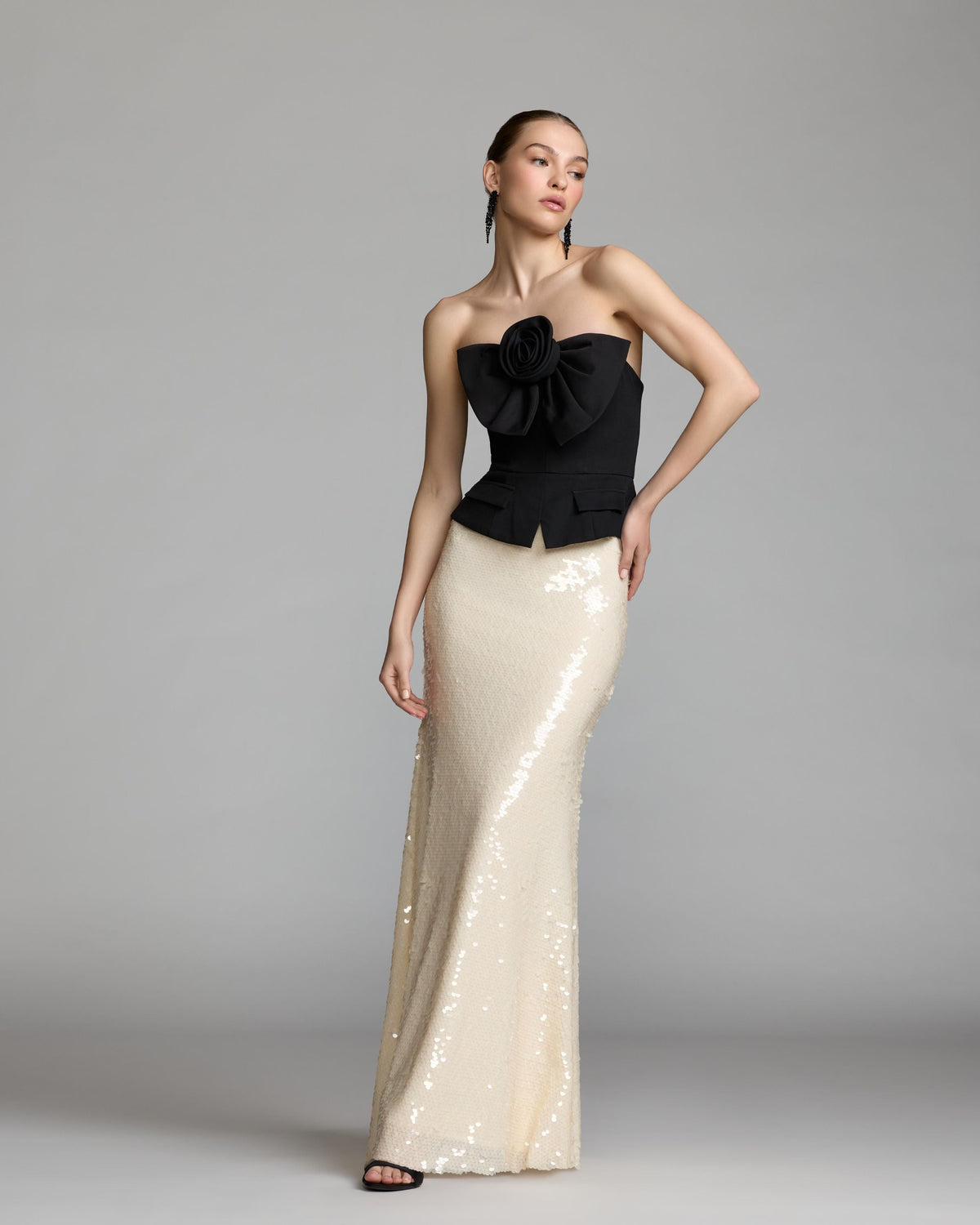 Black and Ivory Strapless Peplum Sequin Evening Gown