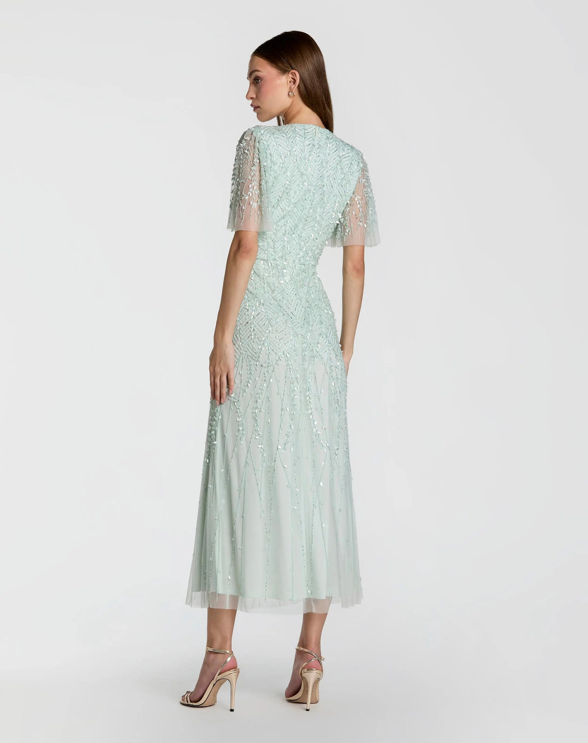 Blue Beaded Wrap Over Butterfly Sleeve Dress