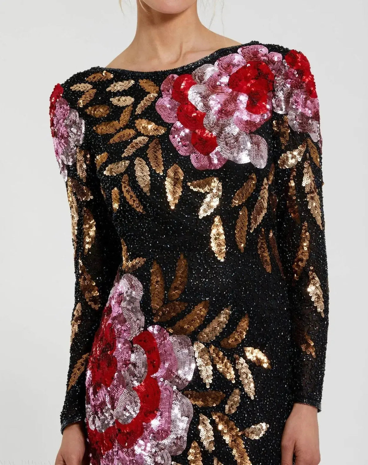 Black Embellished Floral Long Sleeve Backless Gown