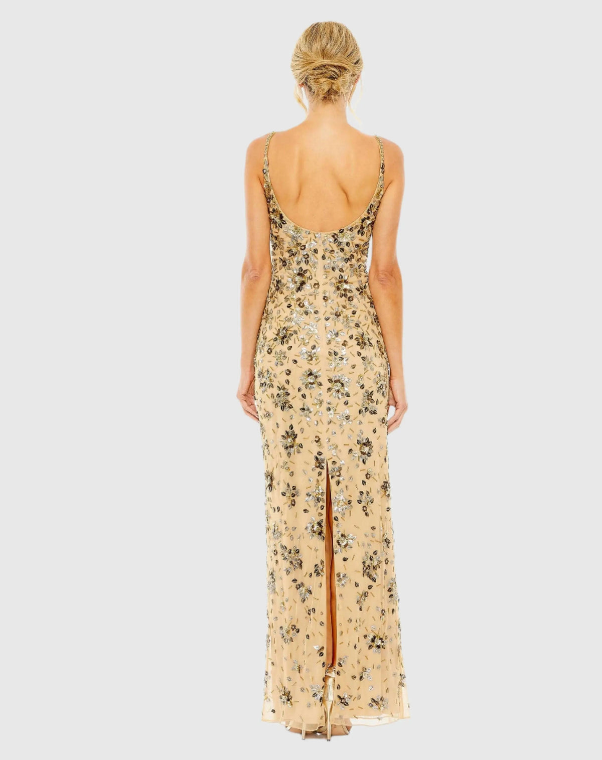 Beige Floral Embellished Scoop Neck Evening Gown - FINAL SALE