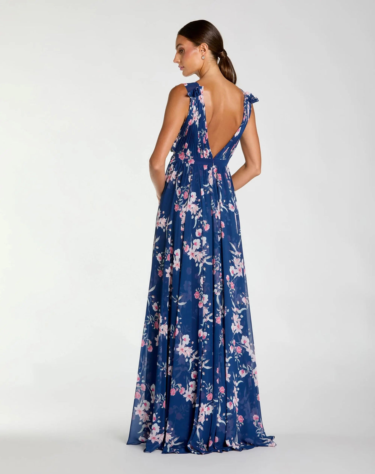 Dark Blue Sleeveless Pleated Floral Print Chiffon V-Neck Gown