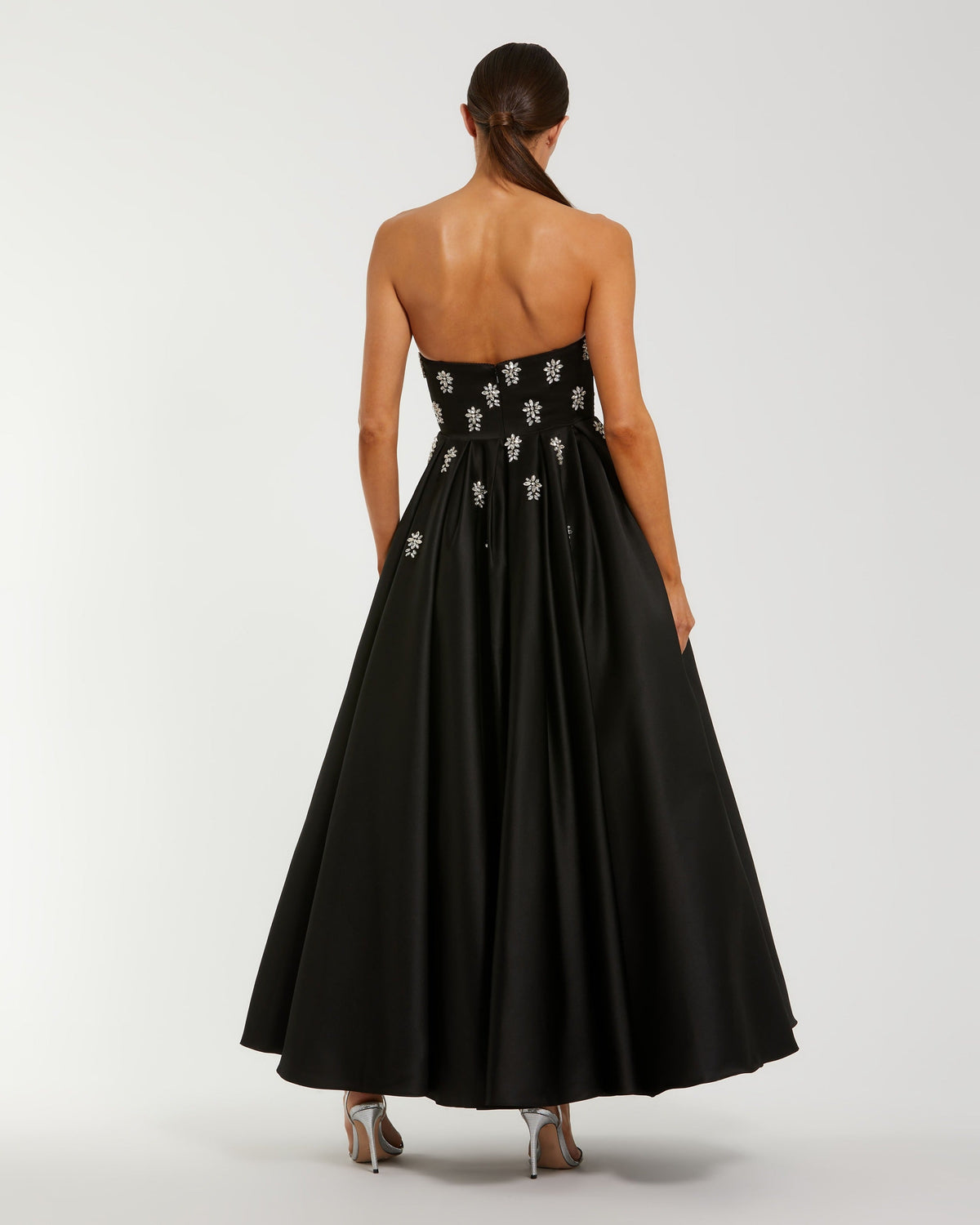 Black Strapless Crystal Embellished Satin A-Line Dress