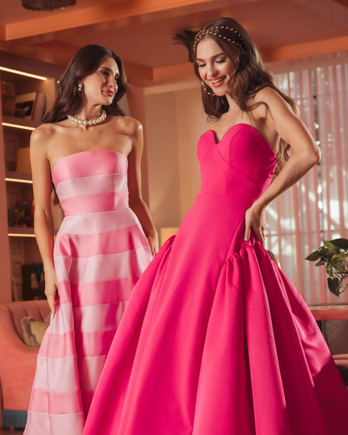 Hot Pink Strapless Crepe Ball Gown with Satin Skirt