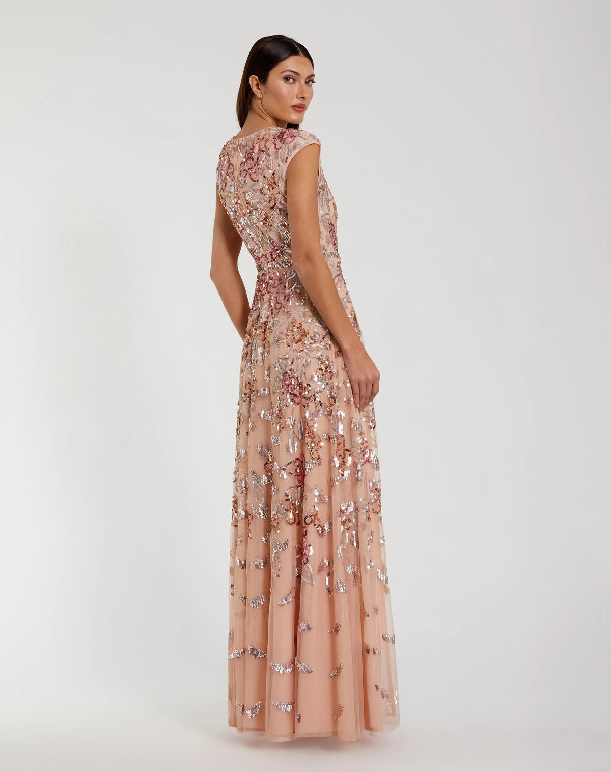 Coral Sequin High Neck Cap Sleeve A Line Gown