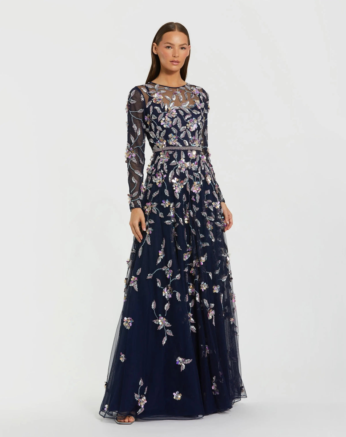 Long Sleeve Floral Embellished Evening Gown