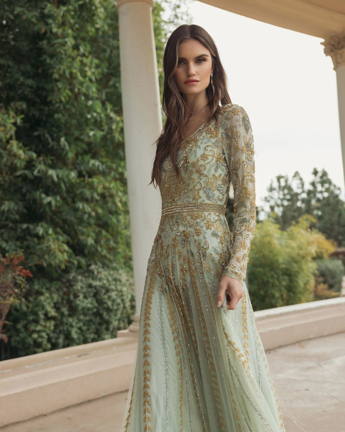 Green Beaded Long Sleeve Scoop Neck A Line Gown