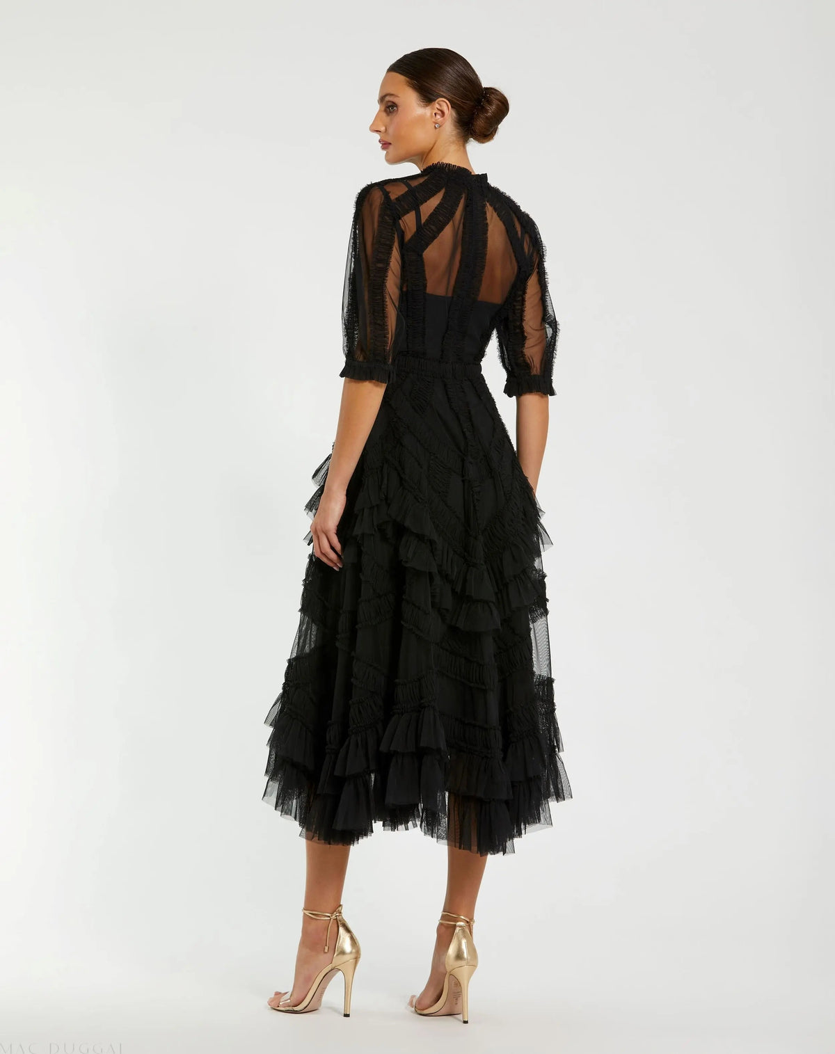 Black High Neck Ruffle Tiered A-Line Midi Dress