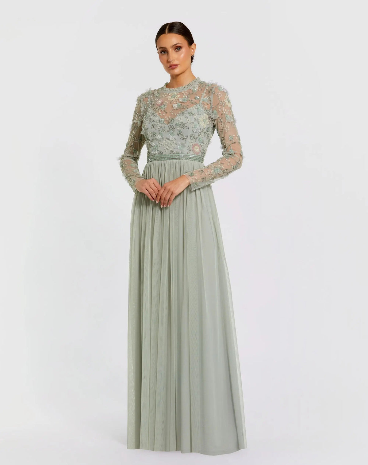 Embellished Illusion High Neck Long Sleeve Gown