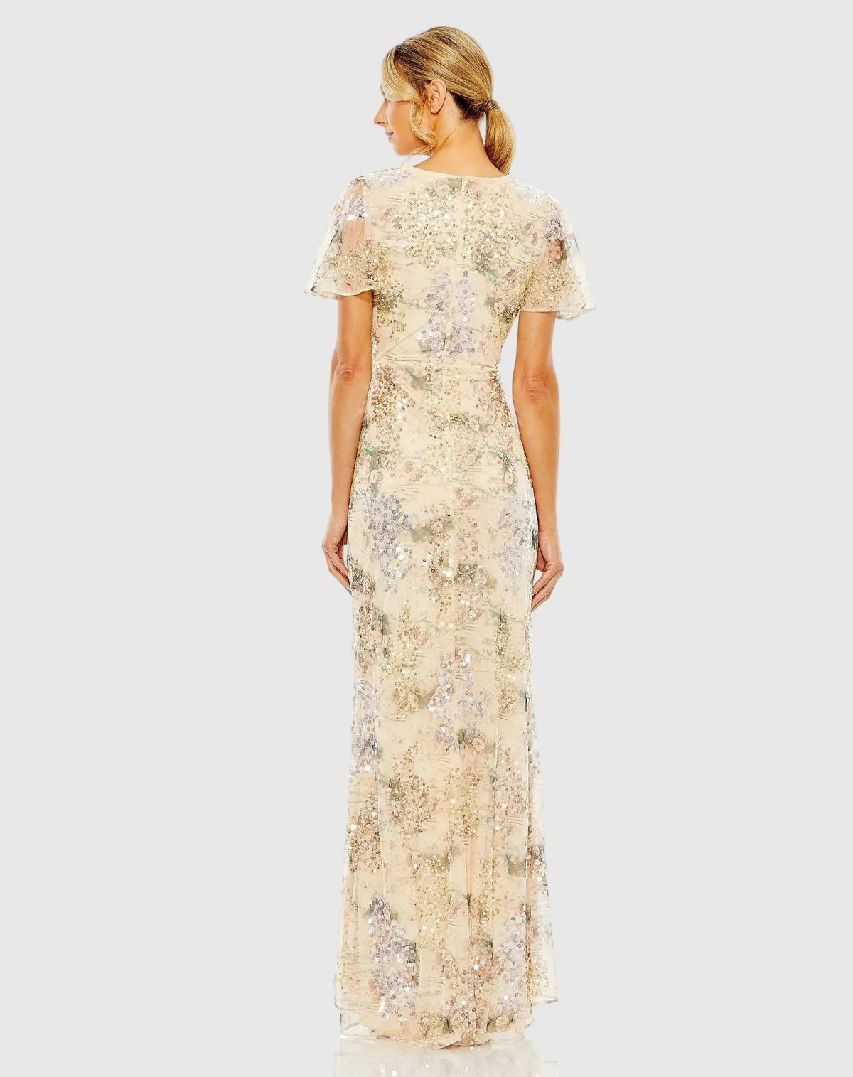 Beige Flutter Sleeve Embellished Evening Gown