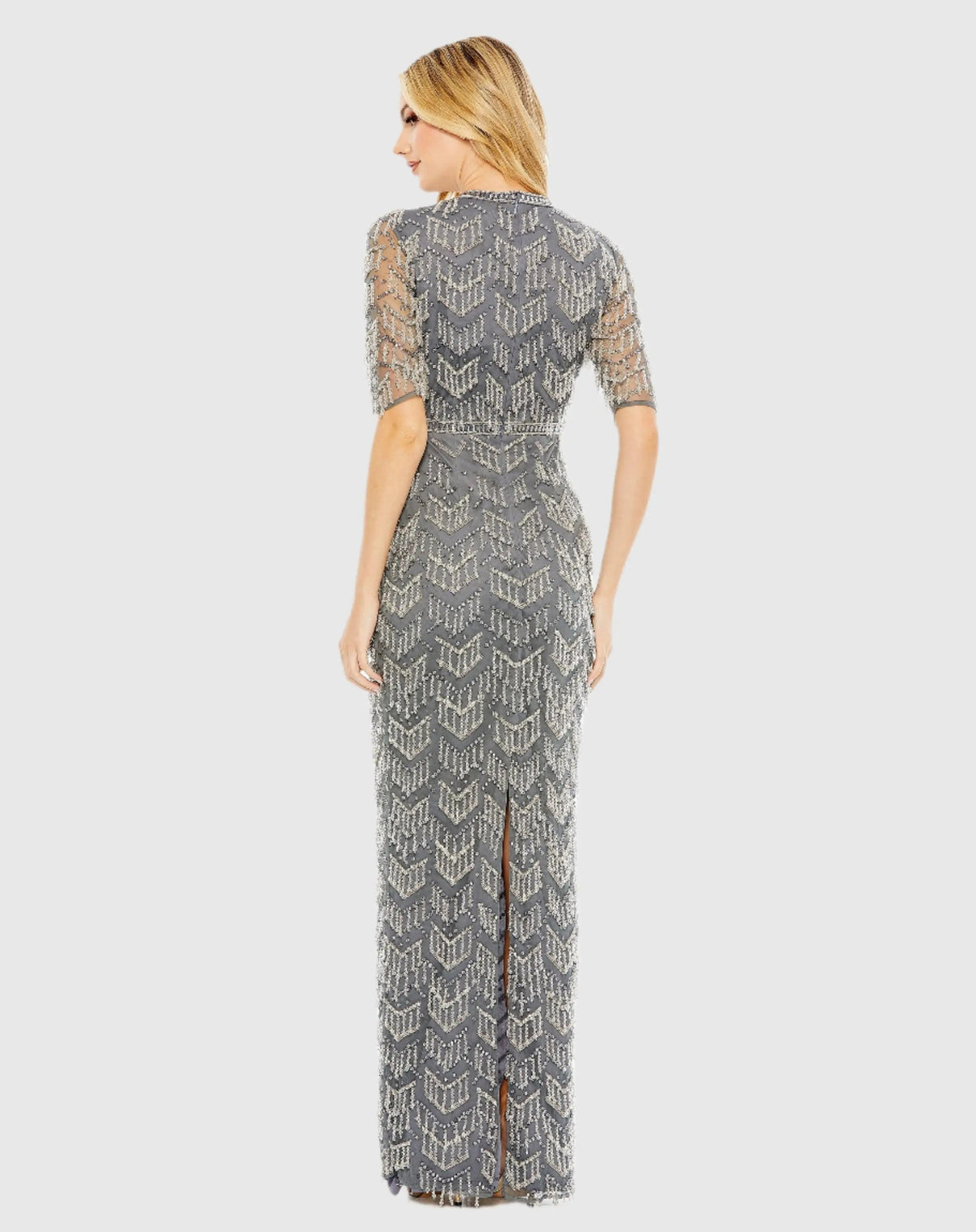 Gray Beaded Fringe Quarter Sleeve Column Gown - FINAL SALE
