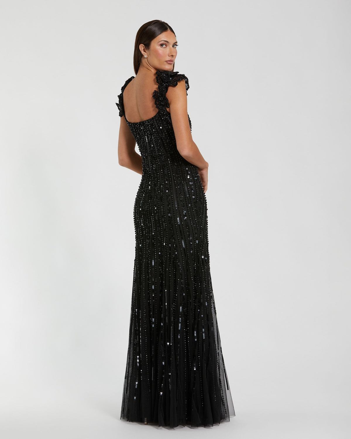 Black Sleeveless Embellished Gown With Floral Accent