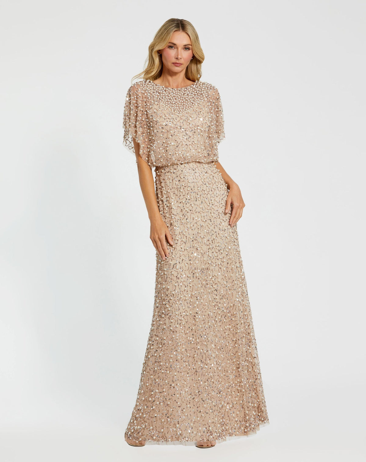 High Neck Short Sleeve Embellished Gown
