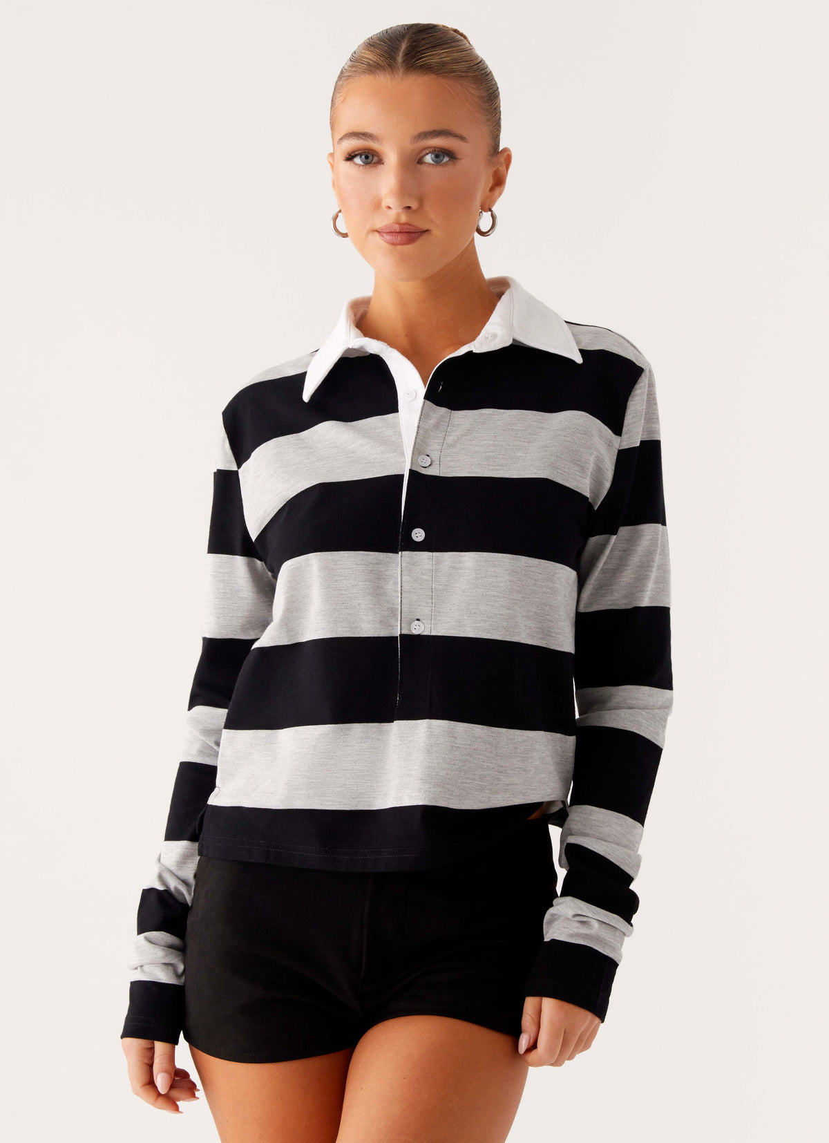 Beckett Polo Top - Grey Black Stripe