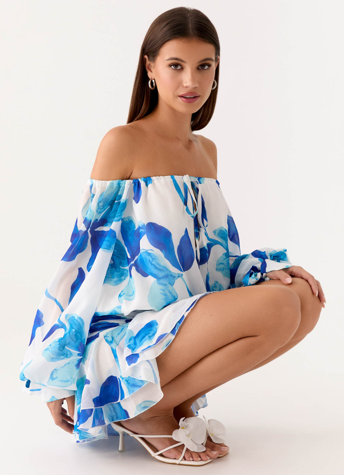 Eira Balloon Sleeve Mini Dress - Cerulean Bloom