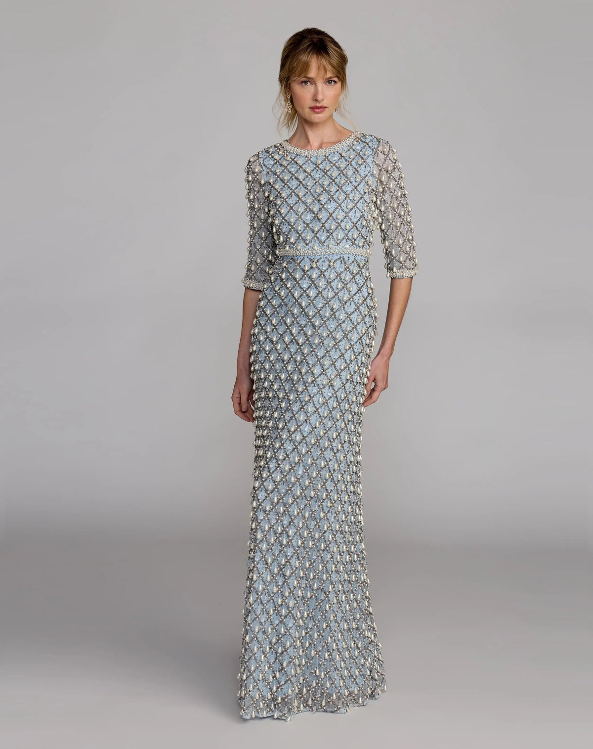 Blue Pearl Embellished 3/4 Sleeve Gown