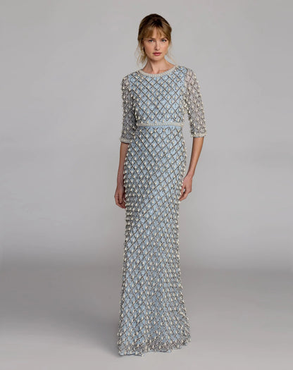 Blue Pearl Embellished 3/4 Sleeve Gown