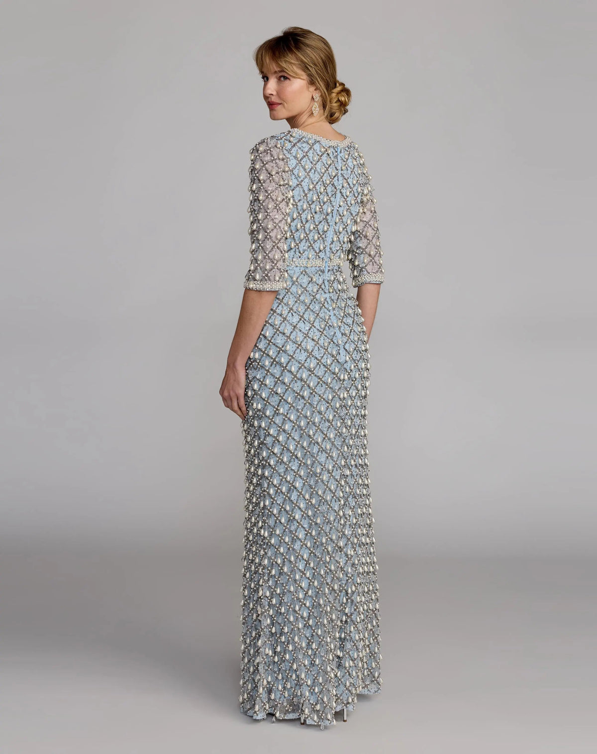 Blue Pearl Embellished 3/4 Sleeve Gown