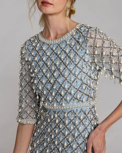Blue Pearl Embellished 3/4 Sleeve Gown
