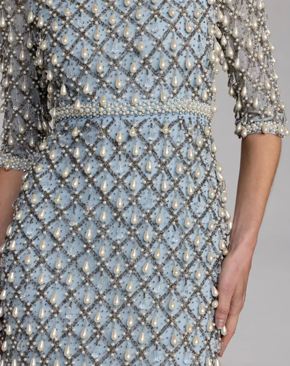 Blue Pearl Embellished 3/4 Sleeve Gown