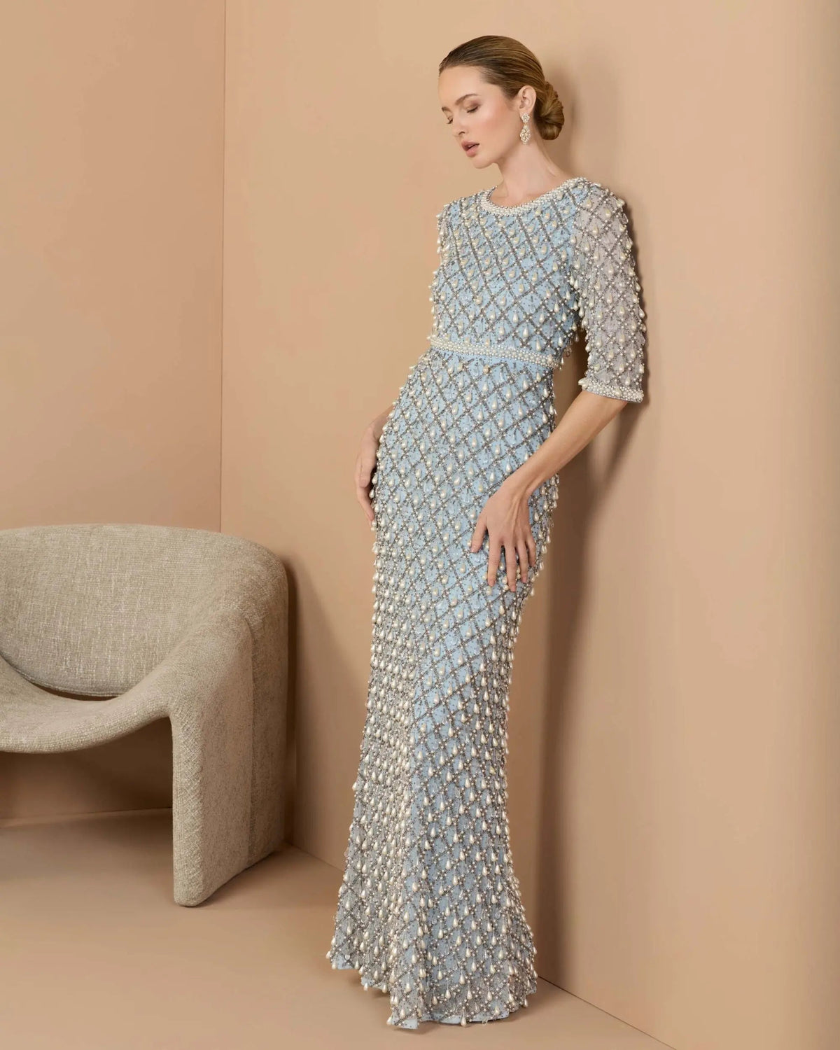 Blue Pearl Embellished 3/4 Sleeve Gown