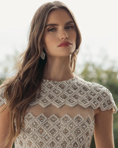 Beige Embellished Mesh Fitted Midi Dress With Sheer Panels