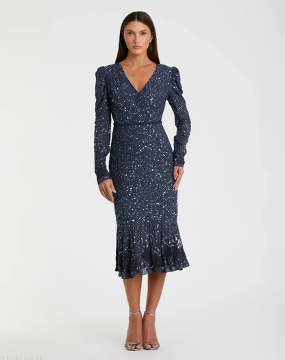 Blue Sequin Dress with Embellished Hemline and Belt - FINAL SALE