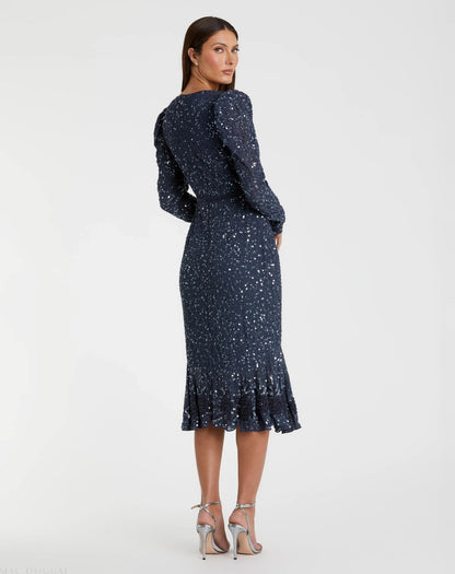 Blue Sequin Dress with Embellished Hemline and Belt - FINAL SALE