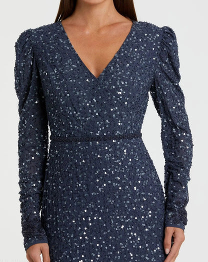 Blue Sequin Dress with Embellished Hemline and Belt - FINAL SALE