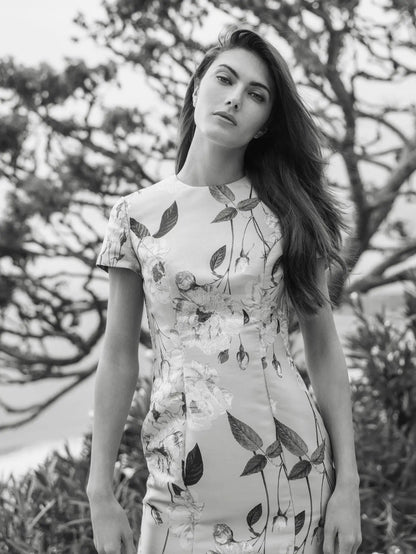 Blue Cap Sleeve Fitted Floral Mini Dress