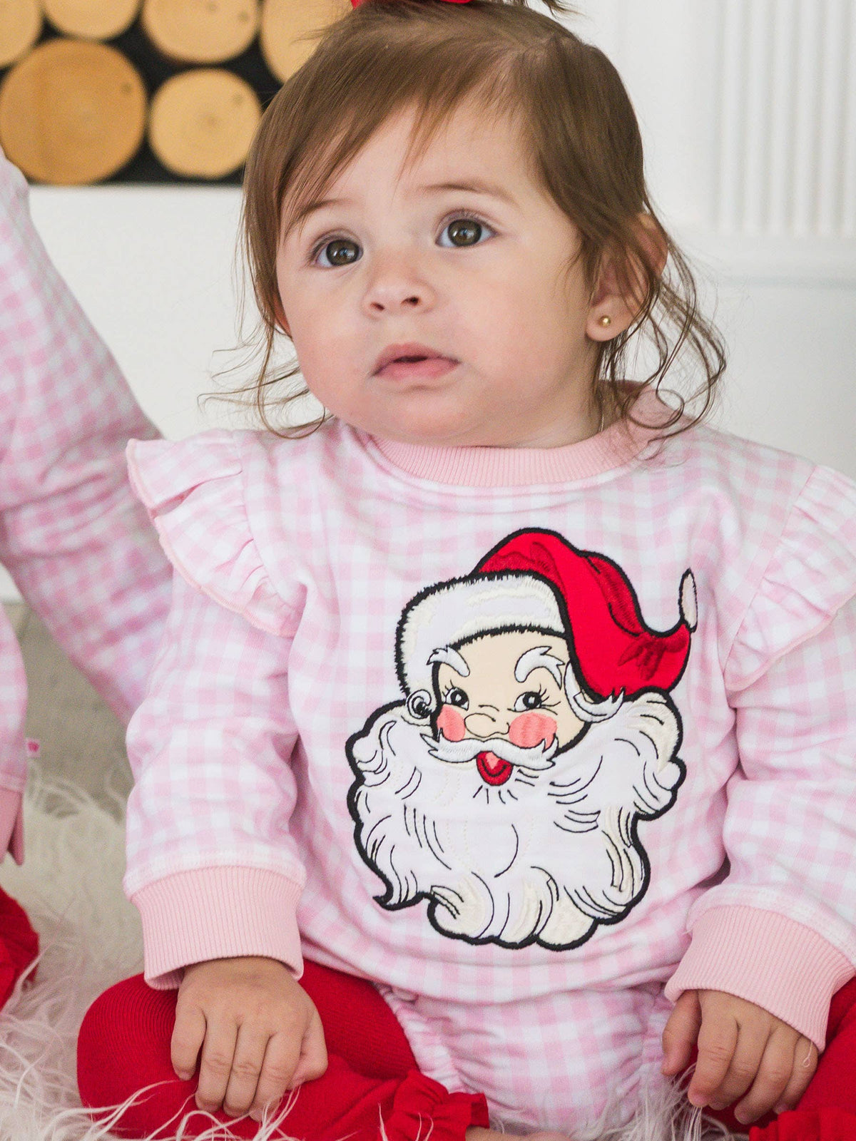 Baby Girls Dear Santa Pink Gingham Applique Sweatshirt Bubble Romper