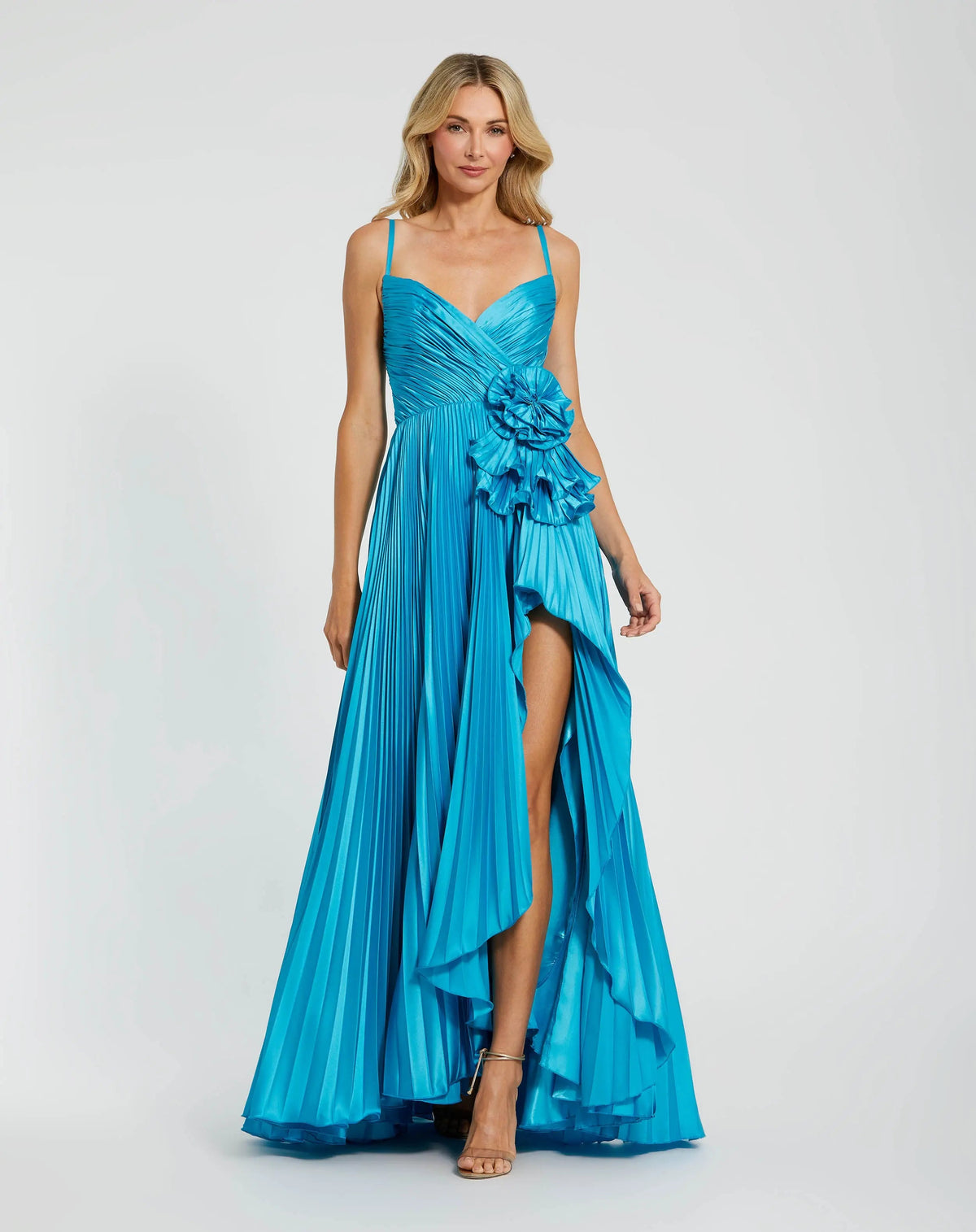 Blue Pleated High Low Rosette Gown