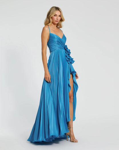 Blue Pleated High Low Rosette Gown