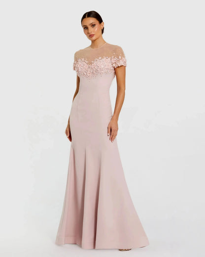 Crepe Mermaid Gown With Beaded Illusion Neck
