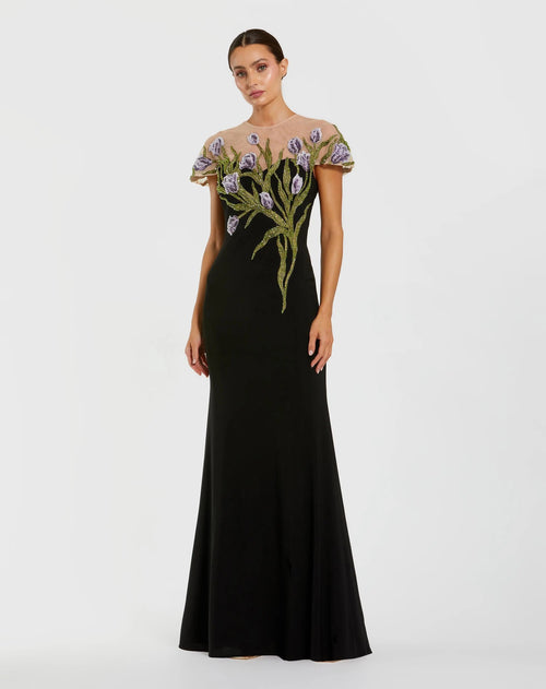 High Neck Floral Embroidered Jersey Gown