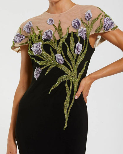 High Neck Floral Embroidered Jersey Gown