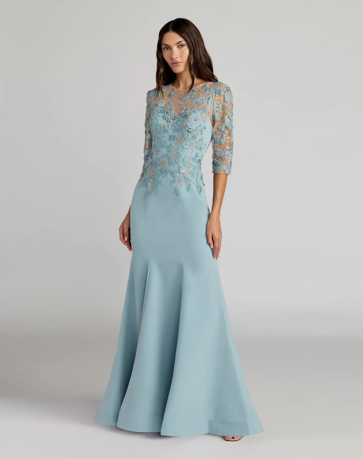 Blue Embroidered Crepe Mermaid Gown With 3/4 Sleeves