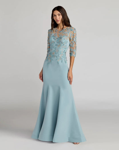 Blue Embroidered Crepe Mermaid Gown With 3/4 Sleeves