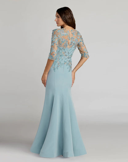 Blue Embroidered Crepe Mermaid Gown With 3/4 Sleeves