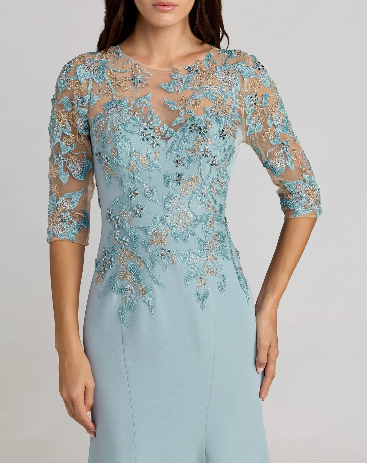 Blue Embroidered Crepe Mermaid Gown With 3/4 Sleeves