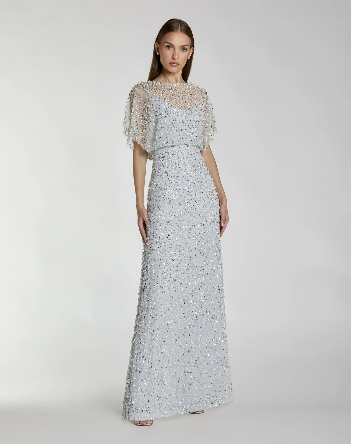 High Neck Short Sleeve Embellished Gown
