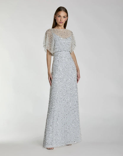 High Neck Short Sleeve Embellished Gown