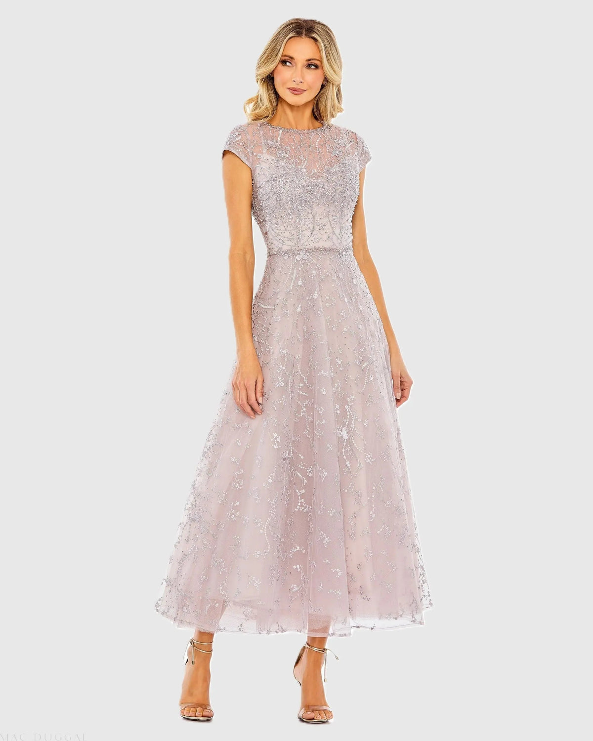 Embellished High Neck Cap Sleeve A Line Dress
